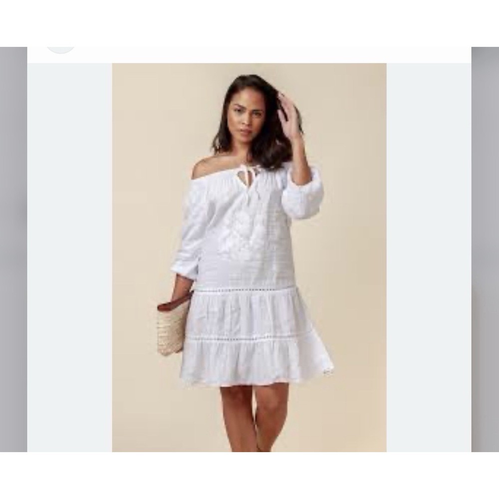 Claudio Milano White Linen Tiered Embroidered Dress Size M